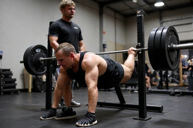 Athlete performing a bench press with a spotter