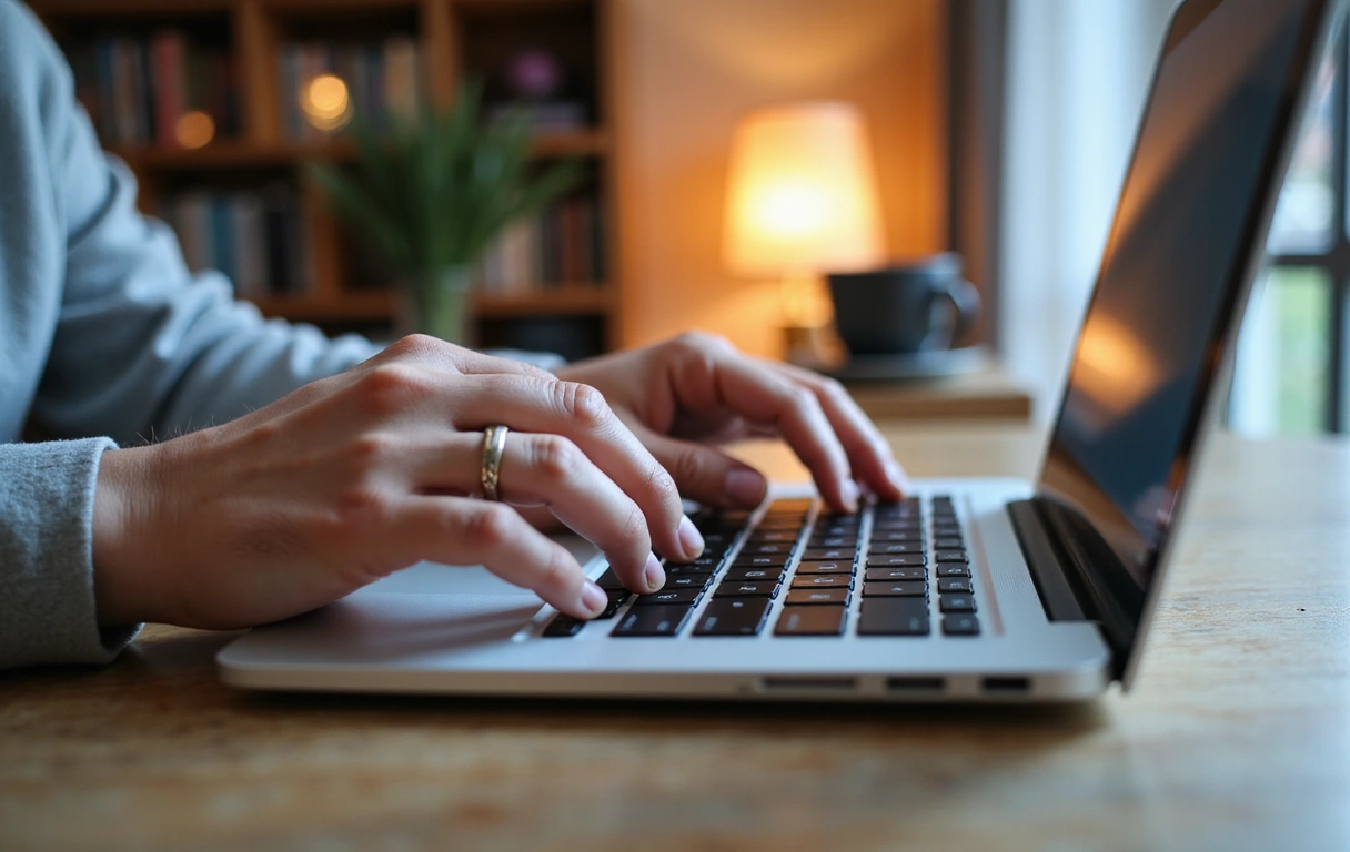 Hands typing on a laptop keyboard in a cozy home office, representing communication and connection.