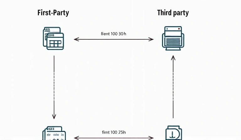 Diagram illustrating the difference between first-party and third-party cookies, showing data flow from browser to different servers.