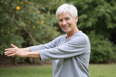 Senior woman performing gentle stretching exercises
